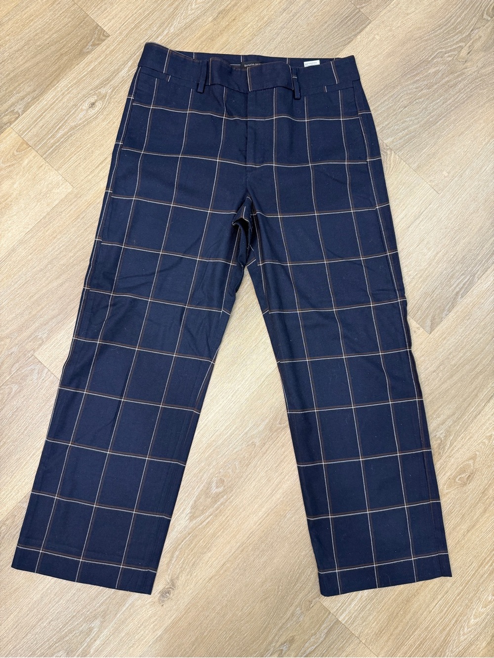 Banana Republic Navy Windowpane Chinos with Brown Grid